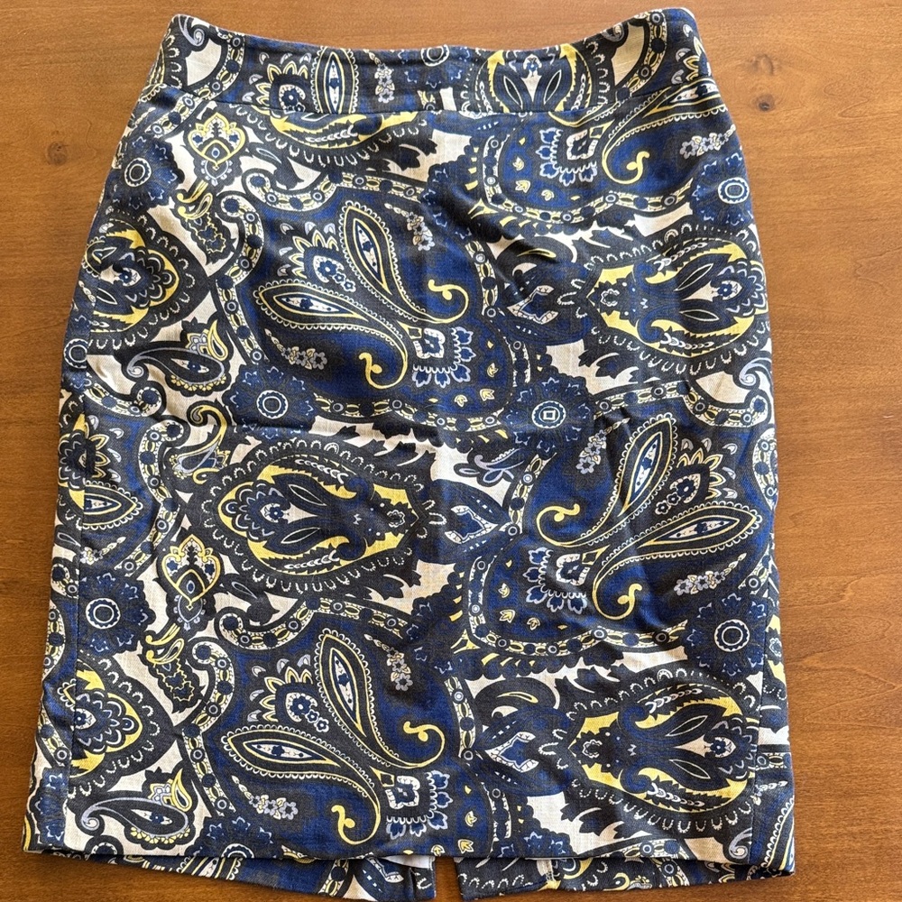 Ann Taylor Blue and Yellow Paisley Pencil Skirt